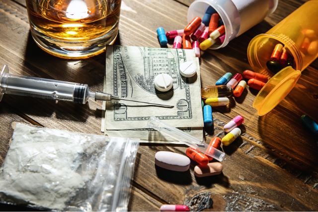 executive-substance-abuse-treatment Executive substance abuse treatment concept pic shows various drugs and alcohol